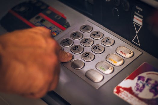 A traveler happily withdrawing cash at an ATM